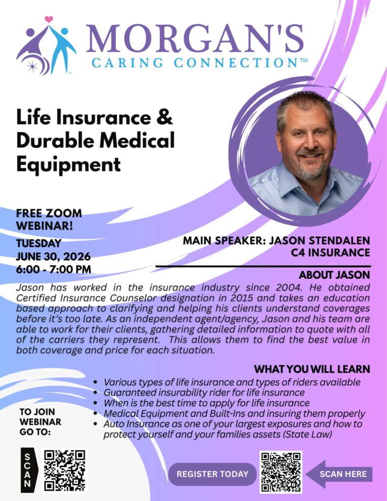 MCC webinar flyer: Life Insurance and Durable Medical Equipment for special needs families, presented by Jason Stendalen, CIC