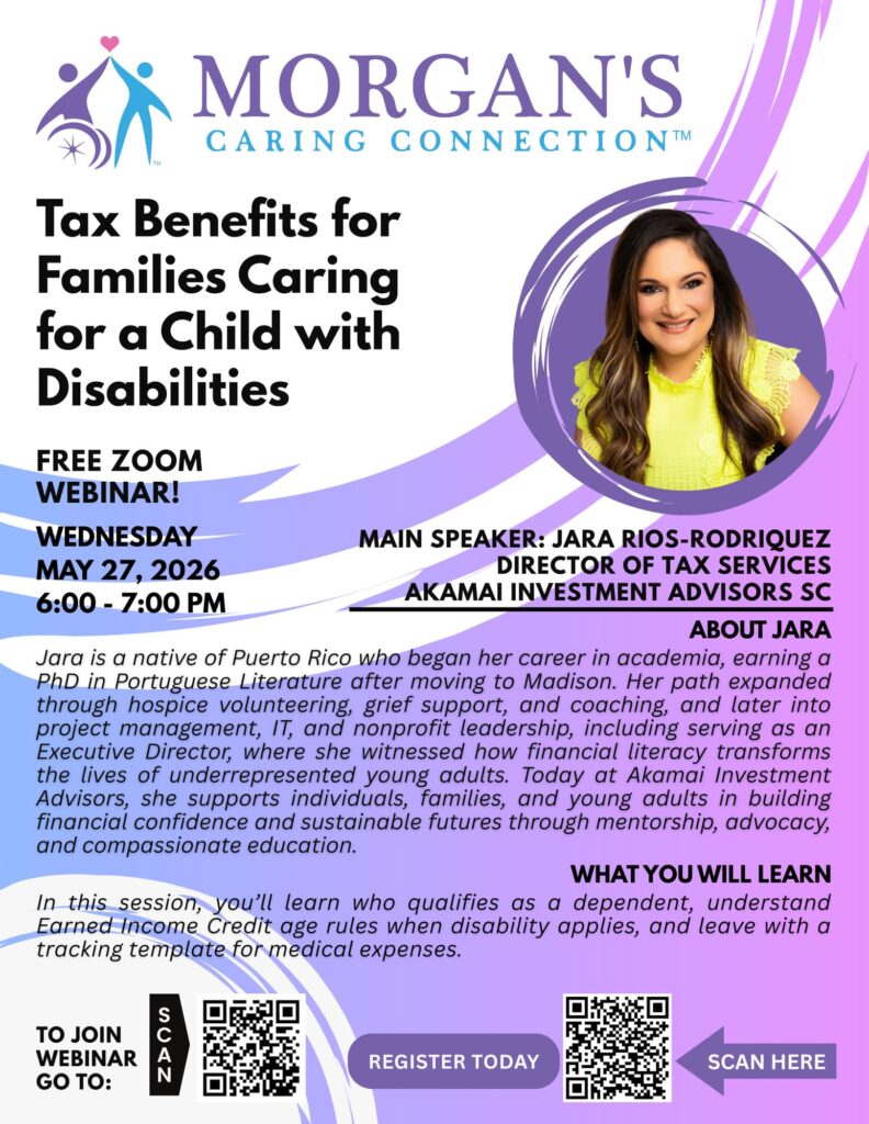 MCC webinar flyer: Tax Planning & Financial Literacy for special needs families, presented by Jara Rios-Rodriguez