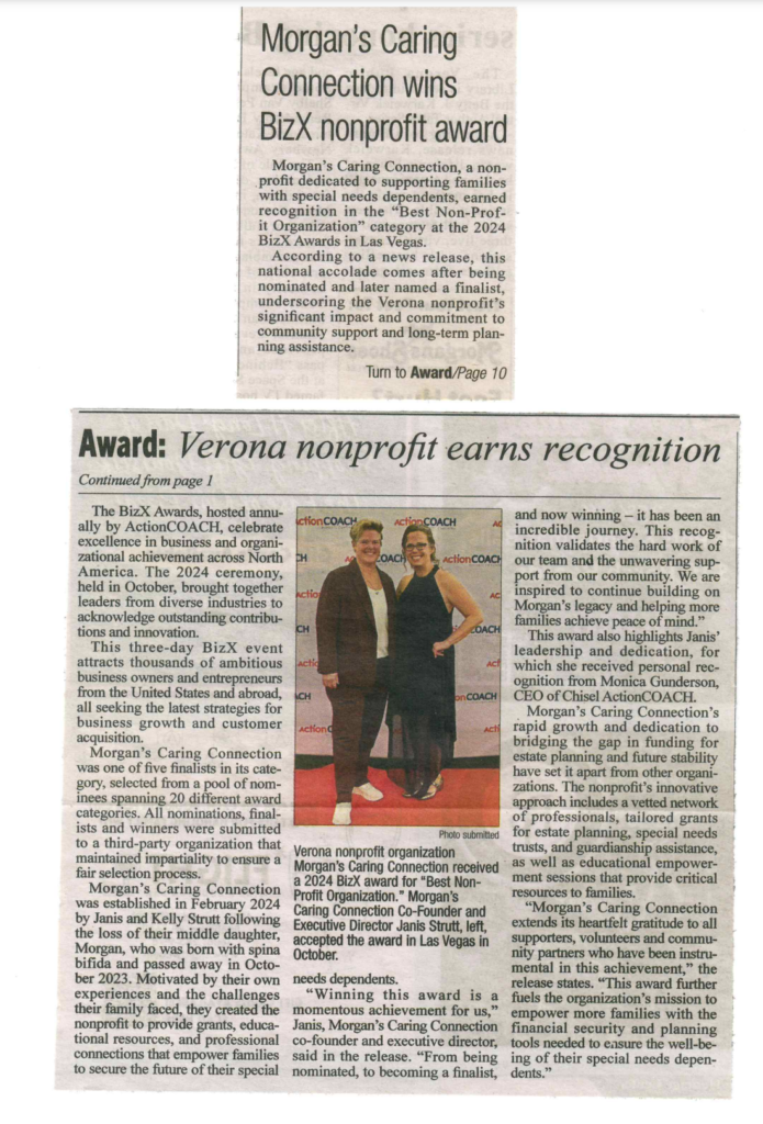 Verona Press article recognizing Morgan's Caring Connection's impact on special needs families